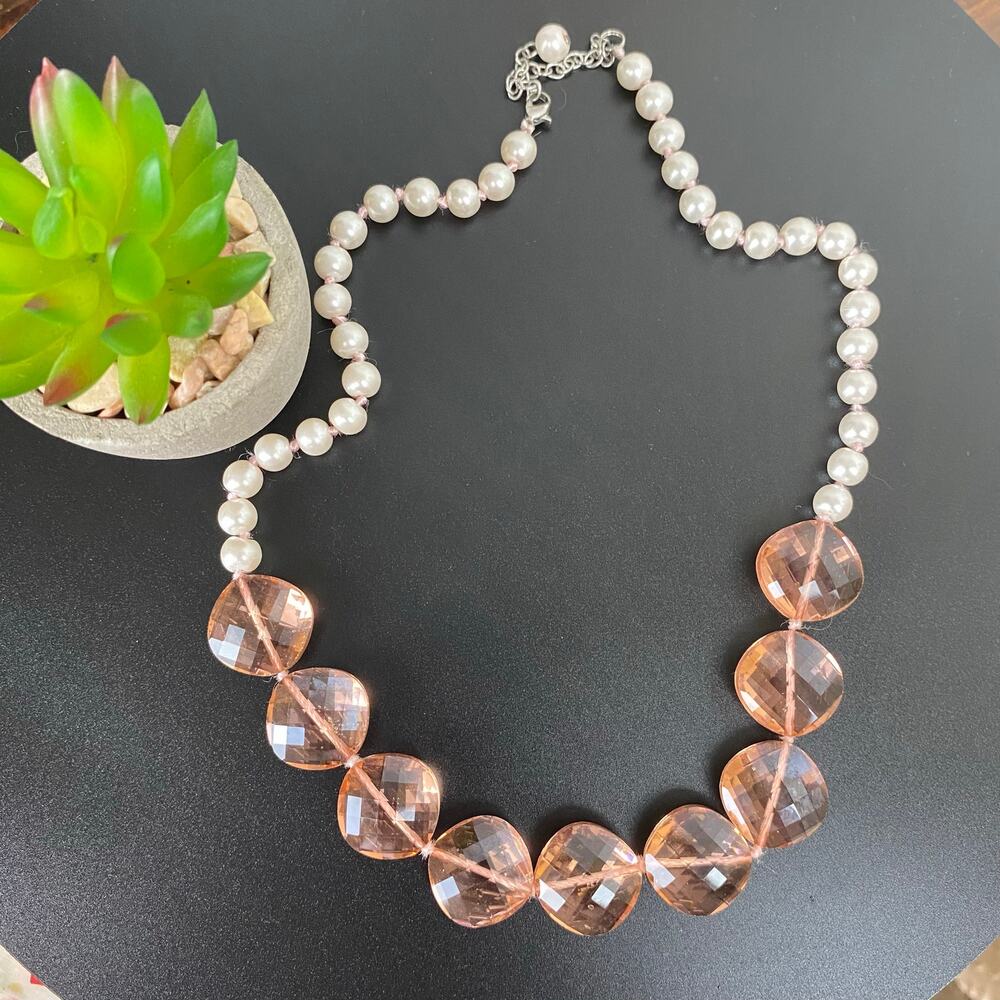 Chunky Faceted Glass Blush Pink Crystal & Pearl Bead Statement Necklace Silver